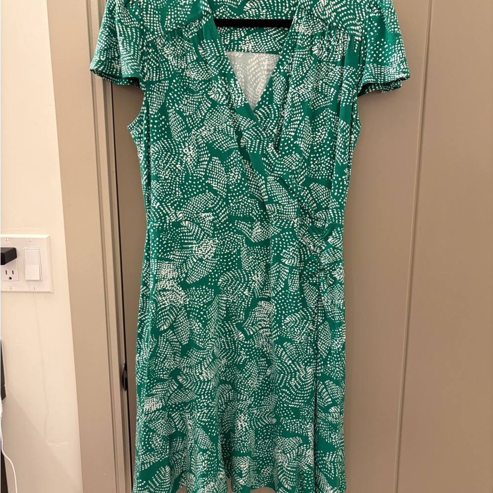 Green and White Leaf Print Faux Wrap Dress